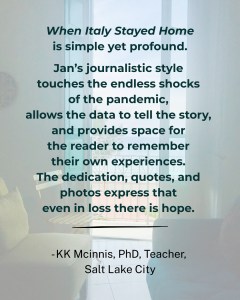 A quote praising the book 'When Italy Stayed Home,' highlighting its profound journalistic style and emotional impact regarding the pandemic, along with a reflection on hope in loss.